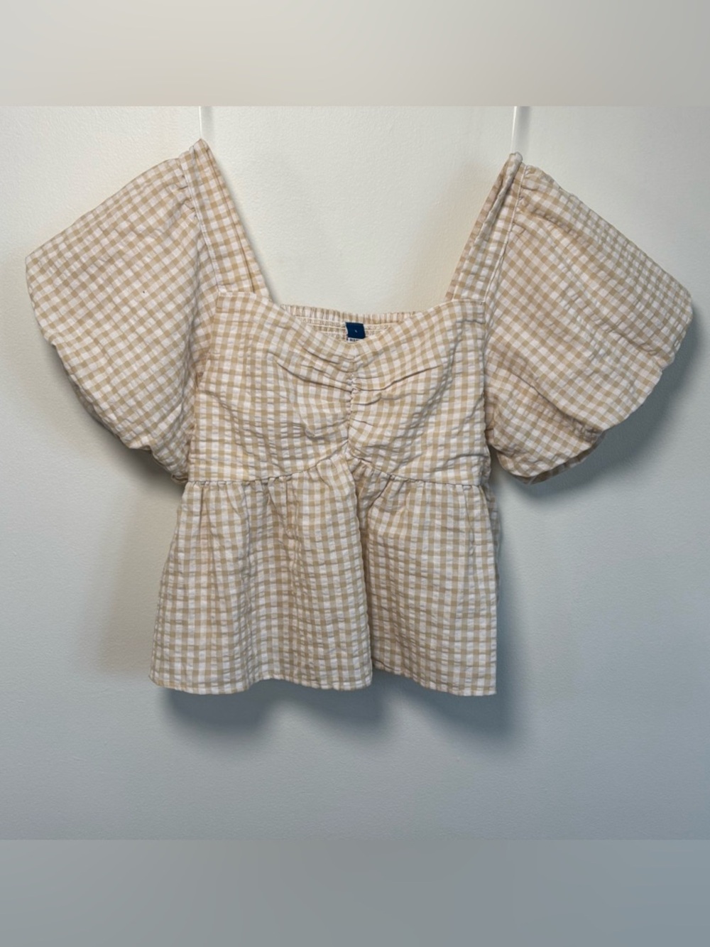 Old Navy Beige and White Gingham Peplum Puff-Sleeve Top